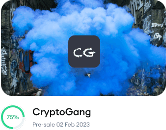 CryptoGang presale card with a 75% progress ring and a 2 February 2023 start date