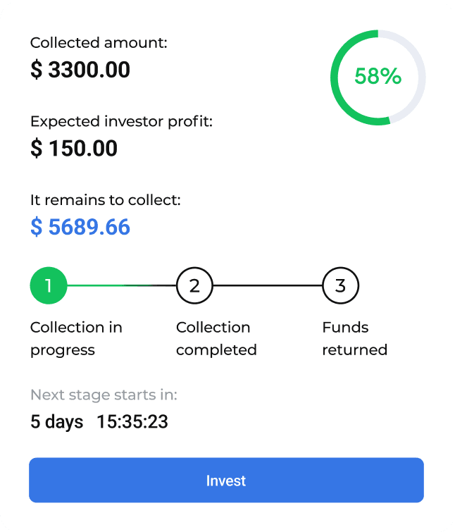 Presale progress card with collected amount, expected profit and an Invest button