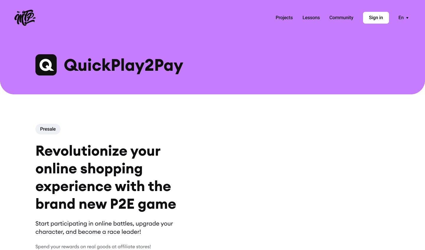 MetaPool desktop landing for the Quick play2pay presale