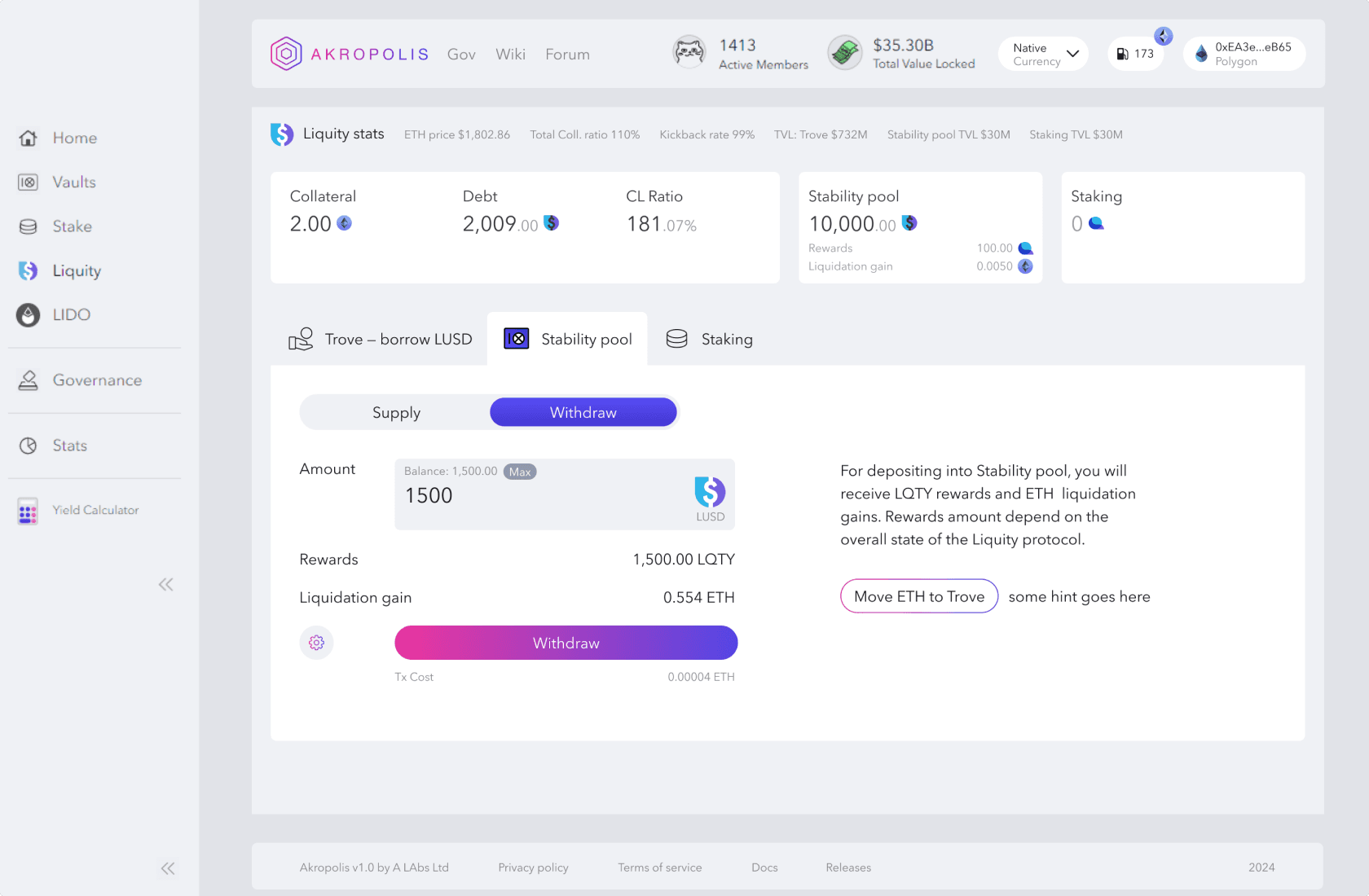 Akropolis Liquity screenshot in light theme