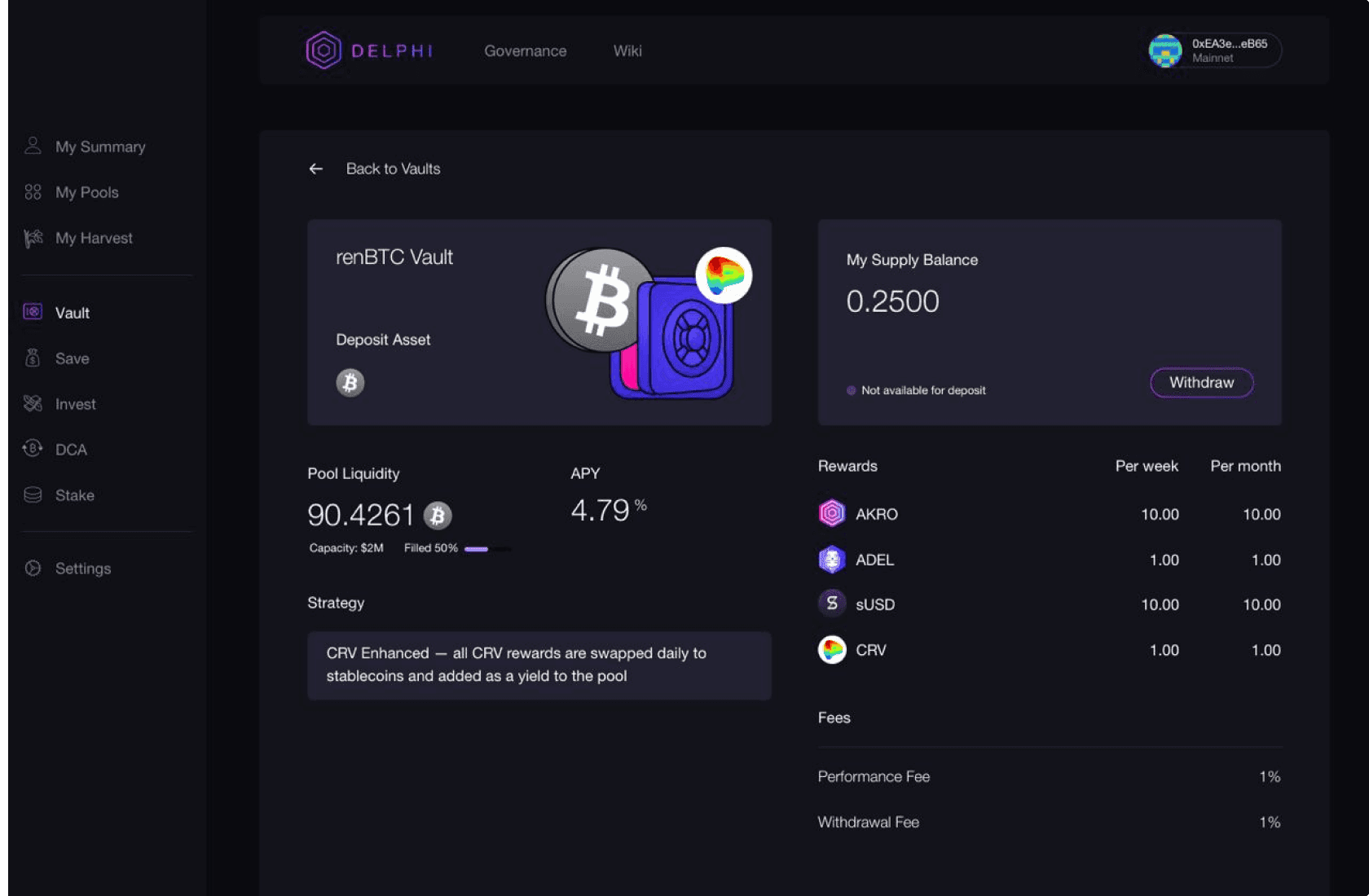 Akropolis MVP vault screen with deposit and withdrawal