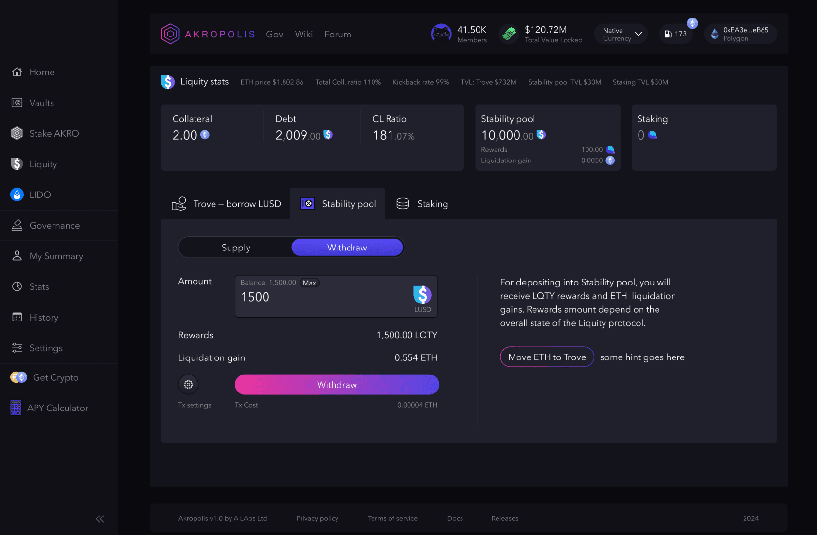 Akropolis Liquity screenshot in dark theme