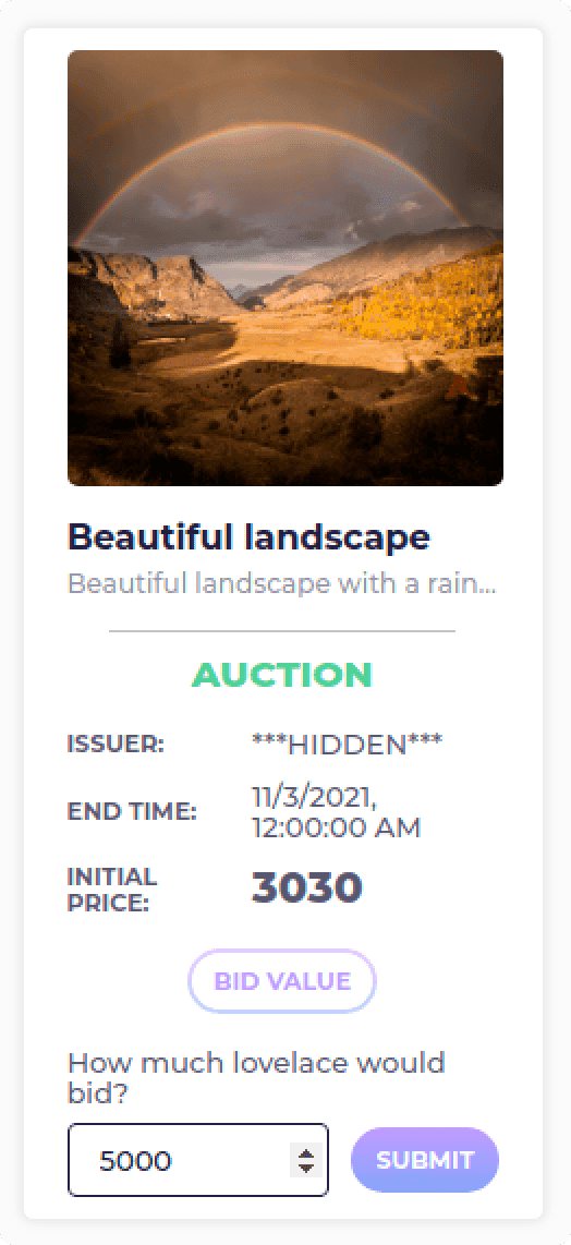 NFT card on auction with a bid form