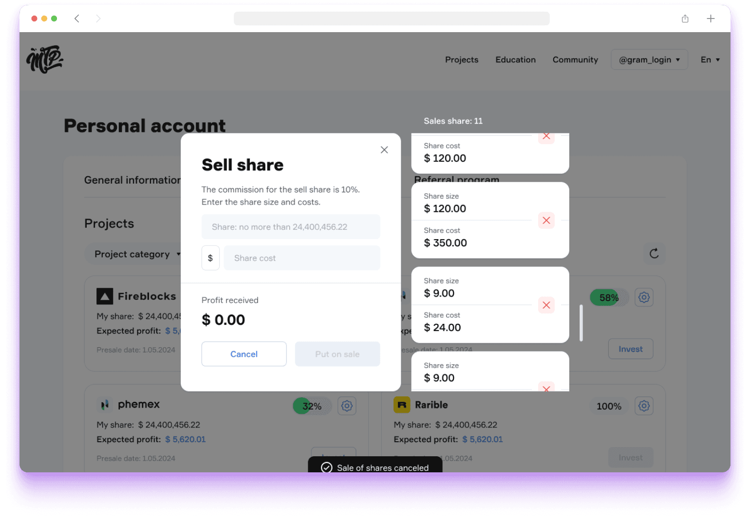 MetaPool — sell share screen
