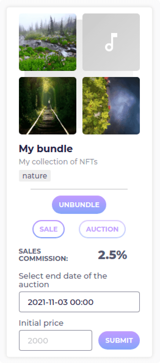 NFT bundle card with sale and auction settings