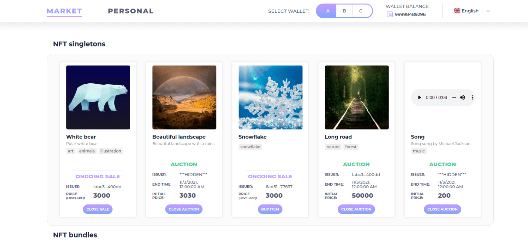 NFT marketplace with a list of NFT singletons
